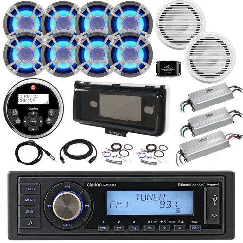 36' - 42' Boat Audio Package: Clarion Single-DIN Bluetooth Receiver, Remote, 8 x 6.5 LED Speakers, 4 Ch Amplifier, 2 x 10 Subwoofer, 1 Ch Amplifier, Splitter, Amp Kit, Radio Cover, Antenna, Extension