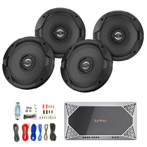 4x JBL 6.5” GT7 Series Coaxial Speakers, Infinity 4-Channel Amp + Kit