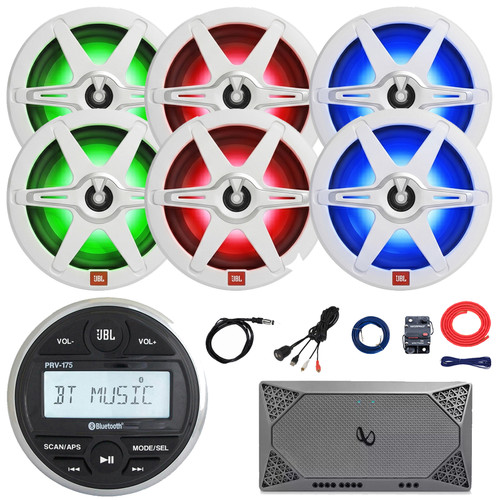 JBL PRV-175 Marine Bluetooth USB/AUX AM/FM Radio Gauge Style Digital Media Stereo Receiver, 6x 8" 450W Max 2-Way Boat RGB LED Speakers, 4-Channel Amplifier W/Kit, USB/AUX Adapter, Radio Antenna, Wire