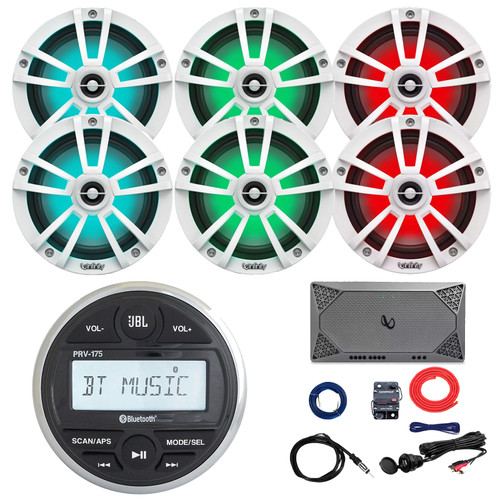 JBL PRV-175 Marine Bluetooth USB/AUX AM/FM Radio Gauge Style Digital Media Stereo Receiver, 6x 6.5" 225W Max White RGB LED Boat Speakers, 4-Channel Amplifier W/Kit, USB/AUX Adapter, Antenna, Wire