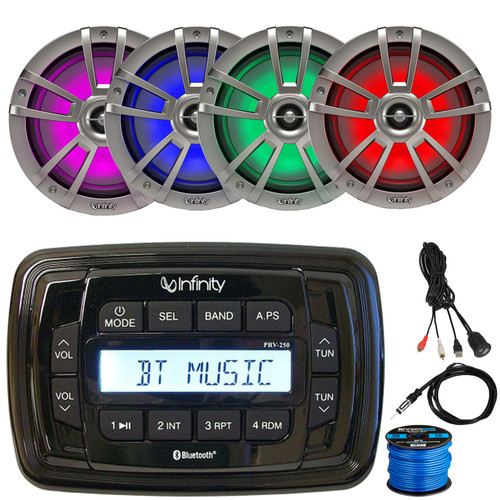 Infinity PRV250 Marine Bluetooth USB/AUX AM/FM Radio Digital Media Black Stereo Receiver, 4x 6.5" 225W Max Power Coaxial RGB LED Titanium Boat Speakers, USB/AUX Adapter, Radio Antenna, Speaker Wire