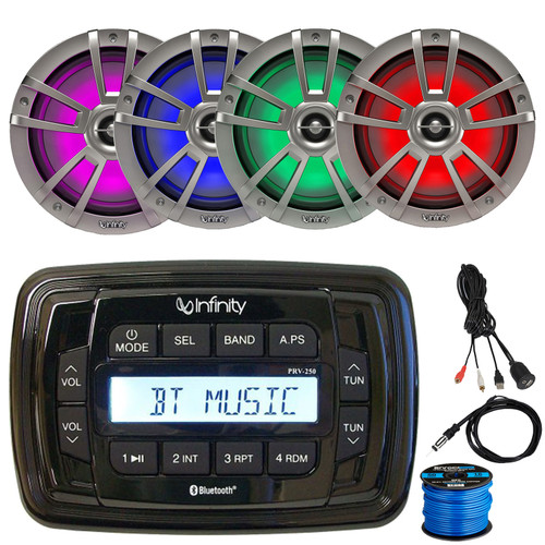 Infinity PRV250 Marine Bluetooth USB/AUX AM/FM Radio Digital Media Stereo Receiver, 4x 6.5" 225W Max Waterproof RGB LED Titanium Boat Speakers, USB/AUX Adapter, Radio Antenna, Speakers Wire