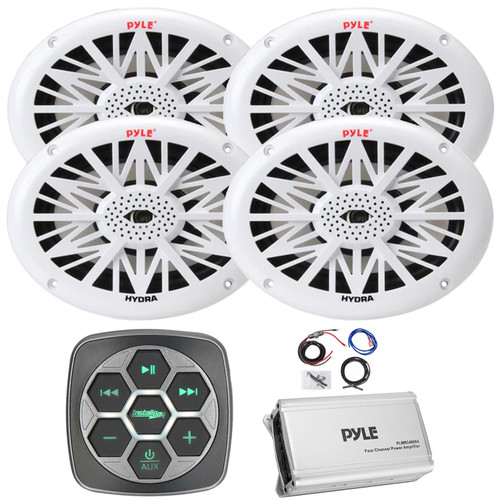 Metra IBBTR19 Marine Bluetooth 3-Zone Controller, 4x Pyle PLMR692 6x9" 260 Watt Max Power 2-Way Full-Range Boat White Speakers, 4-Channel Class D Compact Amplifier, 8 Gauge Amplifier Wiring Kit