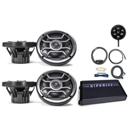 4 x Hifonics 6.5" Marine 120-Watt 2-Way Speakers w/ Grills (Black), Hifonics Thor 4-Channel Amplifier, MB Quart Waterproof Bluetooth Preamp Controller, Amp Installation Kit with RCA Cables (8 Gauge)