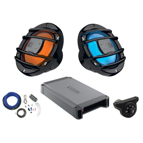 2 x Hertz Audio HMX65SLD 6.5" Marine Coaxial Speakers w/ RGB LED Lighting Option (B), Hertz Stereo Amplifier 2x200W, Kicker Weather-Proof Bluetooth Interface Controller, Amplifier Installation Kit