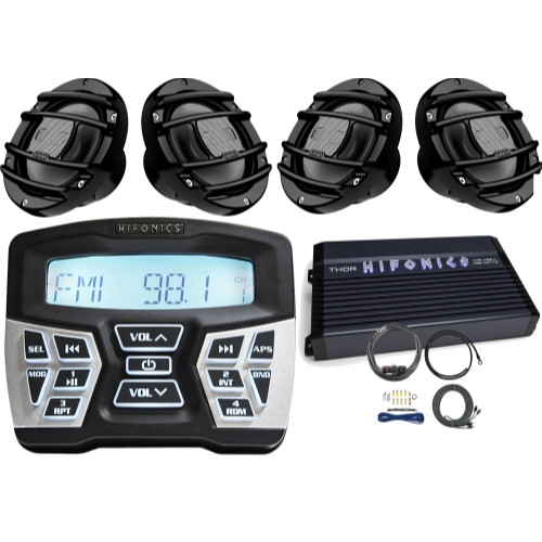 Hifonics TPSMR1 Marine and Powersports Bluetooth Gauge Mount Radio,  4 x Hertz HMX65S 6.5" Powersport Coaxial Speakers (Black), Hifonics Thor 4-Channel Amplifier, Amp Installation Kit w/ RCA Cables