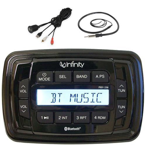 Infinity PRV250 Marine Bluetooth USB/AUX AM/FM Radio Digital Media Black Stereo Receiver, USB/AUX Interface Adapter, Flexible Hideaway Wired AM/FM Radio 22" Antenna (Black)