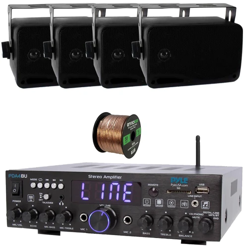 Pyle PDA4BU 200 Watt Wireless Bluetooth Multi-Channel Home Audio Stereo Amplifier Receiver, 4x Pyle PLMR24B 3.5" 200W Max 3-Way Indoor/Outdoor Wall Mount Black Speakers, 50 Feet 16 Gauge Speaker Wire