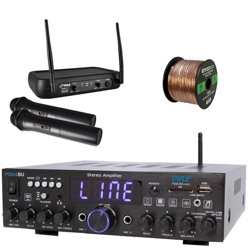 Pyle PDA4BU Bluetooth 200 Watt Multi-Channel Wireless Home Audio Stereo Amplifier Receiver, VHF Wireless Microphone System w/2 Handheld Mics, Fixed Frequency, 50 Feet 16 Gauge Speaker Wire