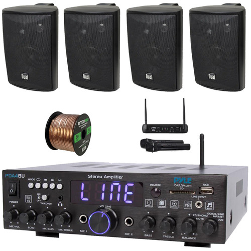Pyle PDA4BU Wireless Bluetooth Multi-Channel 200 Watt Home Audio Stereo Amplifier Receiver, 4x 4" 200 Watt Max Power 3-Way Indoor/Outdoor Black Speakers, VHF Wireless Microphone System, Speaker Wire