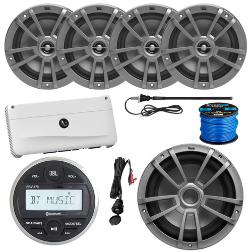JBL PRV-175 Marine Bluetooth USB/AUX AM/FM Radio Gauge Style Digital Media Stereo Receiver, 4x 6.5" 180W Max 2-Way Speakers, 10" 600W Max Subwoofer, 5-Channel Amplifier, USB Adapter, Antenna, Wire