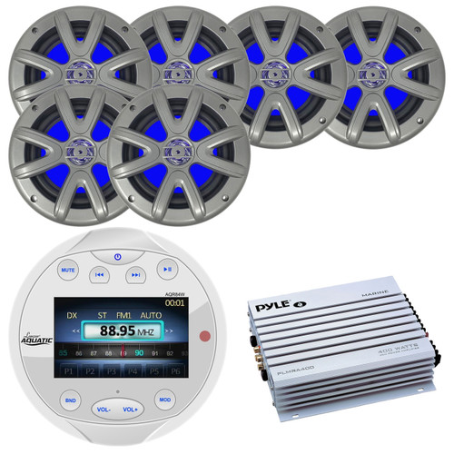 Lanzar AQR80W Bluetooth Digital Media Receiver Stereo Radio (W) - 6 x Searonics 6.5" Full-Range Marine LED Speakers (Charcoal) - Pyle 4-Channel Waterproof Marine Amplifier