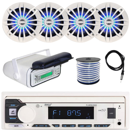 Pyle PLMRB29W2 Single DIN Marine Bluetooth USB/AUX MP3 Player AM/FM Radio Stereo Receiver w/White Cover, 4x 6.5" 180W Max Power 2-Way Blue LED White Boat Speakers, Radio Antenna, 50 Feet Speaker Wire