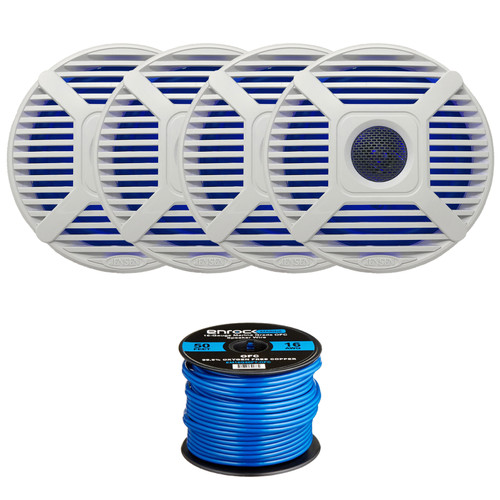 4 x Jensen Marine MS650 6.5" Waterpoof Coaxial Speakers - 4 x 6.5" Removable Marine Audio Grilles (White) - 4 x Blue/White LED Light Kit for Grilles - 50Ft. 16-Gauge Speaker Wire