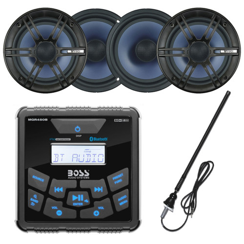 BOSS Audio In-Dash Marine Gauge Mount Bluetooth Digital Media MP3 AM/FM USB Weatherproof Stereo Receiver, 4x Enrock Audio 6.5" 2-Way Marine Coxial Boat Audio Speakers, Black AM/FM Rubber Mast Antenna