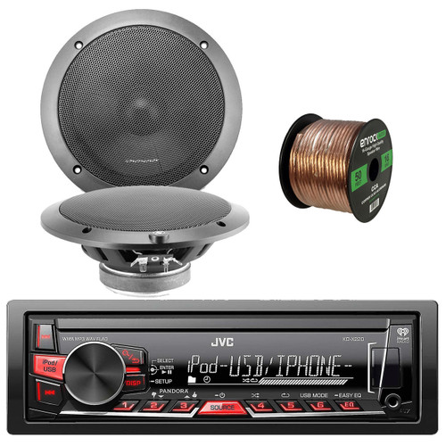JVC KD-X Single Din MP3/WMA/AM/FM Digital Media Player USB AUX Stereo Receiver, 2x Lightning Audio by Rockford Fosgate 6.5-Inch 4 Ohm Component Speakers, 16-Gauge 50 Foot Speaker Wire