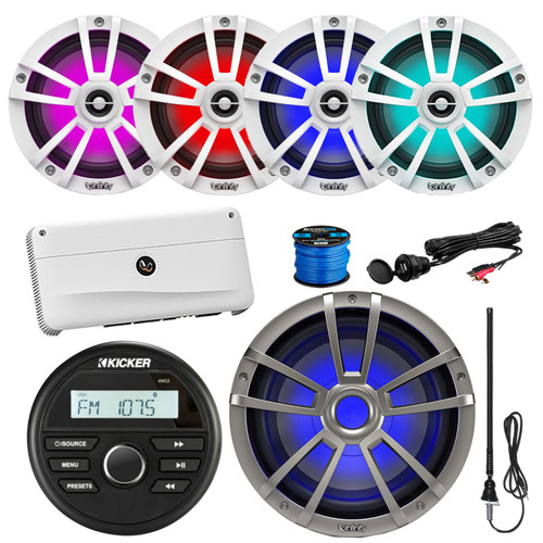 Kicker 46KMC2 All-Weather Marine Gauge-Style Bluetooth AM/FM USB Media Center Receiver, 4x 6.5" 225W RGB LED White Speakers, 10" RGB LED Subwoofer, 5-Channel Amplifier, Antenna, USB/AUX Adapter, Wire