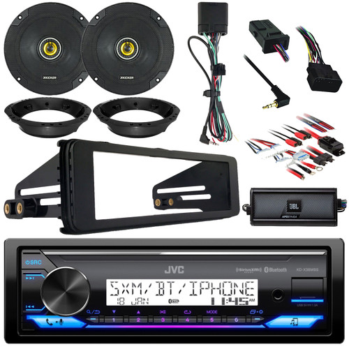 JVC KD-X38MBS Single DIN Marine Bluetooth USB/AUX AM/FM Radio SiriusXM Ready Stereo Receiver w/Install Kit, 2x 6.5" 300W Max Speakers w/Adapters, 4-Channel Amplifier w/Kit, Handlebar Control Interface