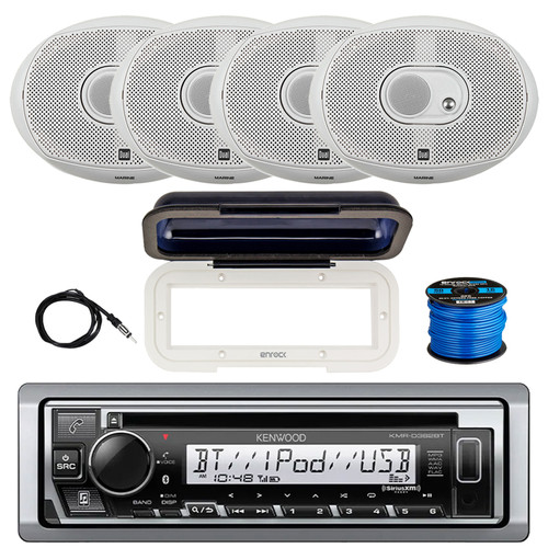 Kenwood KMR-D382BT Single-DIN Marine Bluetooth USB/AUX CD Player SiriusXM Ready Receiver W/White Cover, 4x 6x9" 200W Max Power 3-Way White Boat Speakers, 40" Antenna, 50 Feet 16 Gauge Speaker Wire