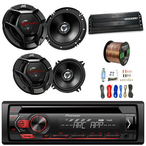 Pioneer DEHS1200UB CD MP3 Stereo Receiver, JVC CSDR621 6.5" 3-Way 300W Speakers, JVC CSDR520 5.25" Speakers, Kicker Marine Car 4-Channel Amplifier, Amp Wiring Kit, Speaker Wire