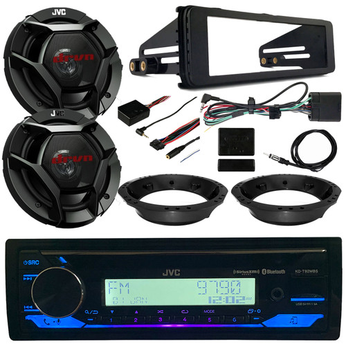 JVC KD-T92MBS Single DIN Marine MotorSports Bluetooth USB AUX Stereo CD Player Receiver, 2x 6.5" 300W 2-Way Car Audio Speakers w/Adapters, Handlebar Control Kit, 40" Antenna, 98-13 Harley Install Kit