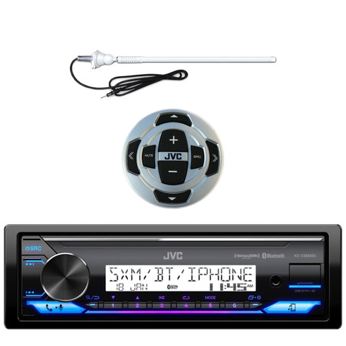 JVC KD-X38MBS Single DIN Marine MotorSports Bluetooth USB AUX LED Stereo Receiver, Enrock Rubber Mast Boat Radio Antenna, Wired Remote