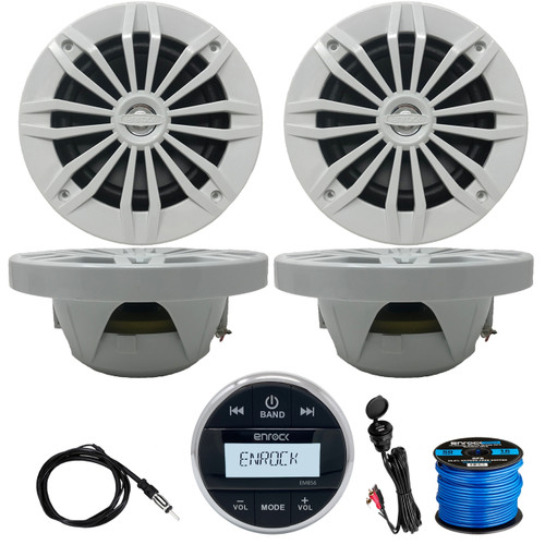 Enrock EM856 Gauge Mount Media Center Marine-Grade Receiver, 4 x EnrockMarine 6.5" 2-Way 180W Speakers (White), USB/3.5MM Auxiliary Interface Mount, Radio Antenna, Speaker Wire