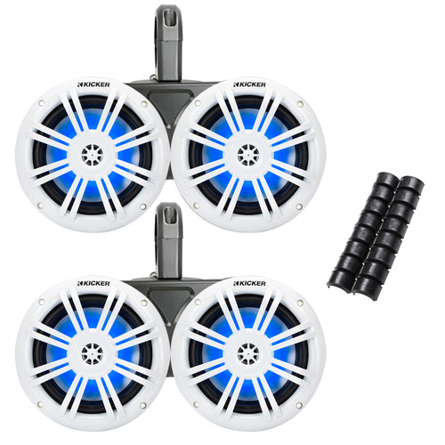 2 Pair of Kicker 49KM604WL 6.5" 150 Watt Peak Power Marine Blue LED Light Audio Speakers (White) with 2x Kicker 6.5" Dual Marine Wakeboard Tower Enclosure (Black), Mounting Adapter Pack