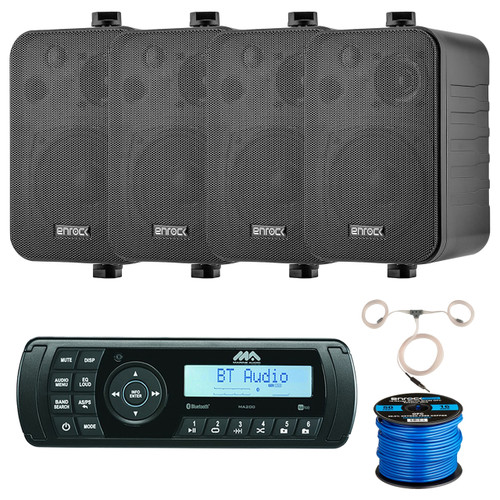 Jensen Marine Audio MA200 AM/FM/USB/Bluetooth Waterproof Stereo, 4 x Enrock Audio Systems 4" 3-Way In-Door/Out-Door Box Speakers (Black), Speaker Wire, Radio Antenna