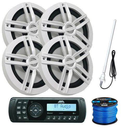 Jensen Marine Audio MA200 AM/FM/USB/Bluetooth Waterproof Stereo, 4 x Enrock 2-Way High-Performance 6.5" Water-Resistant Speakers (White), Speaker Wire, Radio Antenna