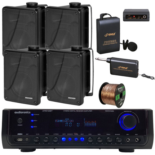 Audioronics 1500 Watt Hybrid Digital Stereo Receiver Amplifier, Kicker KB 6.5" Full Range Indoor/Outdoor Marine Speakers - Black, Lavalier Wireless Microphone System, Enrock 16 Gauge 50 Foot Speaker Wire