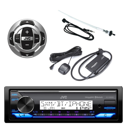 JVC KD-X38MBS Single DIN Marine Motorsports USB Bluetooth AM/FM Stereo Receiver with Wired Remote Control, Satellite Radio Tuner Kit, 56" Radio Antenna (White)
