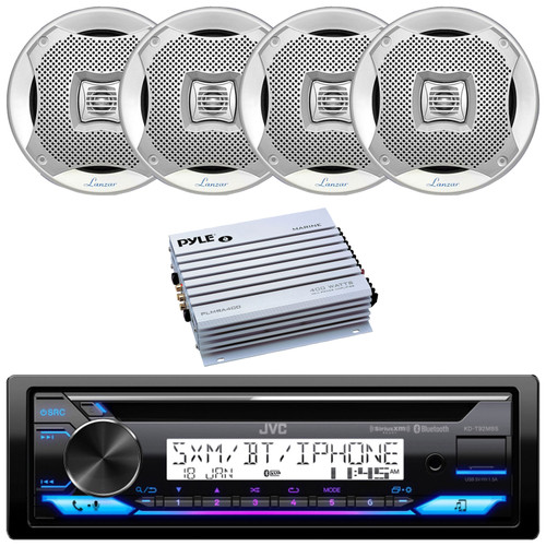 JVC KD-T92MBS Single DIN Marine MotorSports Bluetooth USB/AUX CD Player AM/FM Radio Stereo Receiver, 4x 6.5" 400 Watt Max Power 2-Way Water Resistant Boat Silver Speakers, 4 Channel 400 Watt Amplifier