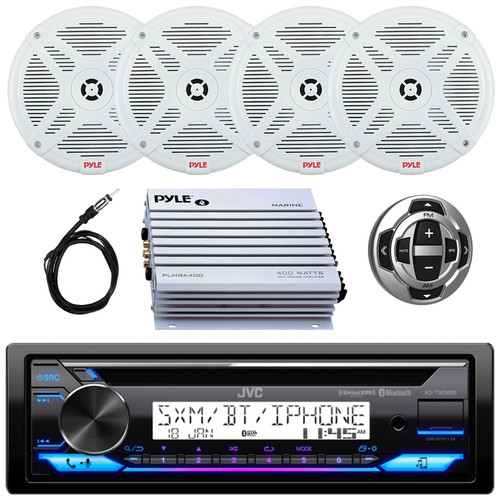 JVC KD-T92MBS Single DIN Marine Bluetooth Motorsports USB/AUX CD Player AM/FM Radio Stereo Receiver w/Wired Remote, 4x 6.5" 600W Max 2-Way Boat White Speakers, 4 Channel Amplifier, Radio Antenna