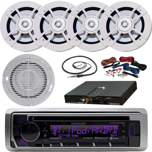 Kenwood KMRD375BT Marine Motorsports Single-DIN CD Bluetooth Receiver, 4 x Kenwood 6.5" 100W 2-Way Marine Speakers, 10" Woofer/Amplifier Combo Package, Amp Kit, Radio Antenna