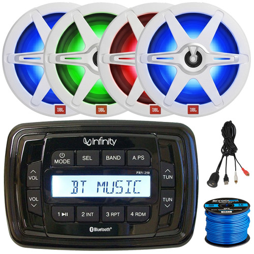 JBL PRV-175 Marine Bluetooth USB/AUX AM/FM Radio Gauge Style Digital Media Stereo Receiver, 4x 8" 450W Max 2-Way High-Performance RGB LED Speakers w/Grilles, USB/AUX Adapter, 50 Feet Speaker Wire