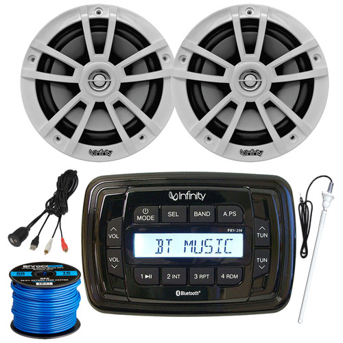 Infinity PRV250 Marine Bluetooth USB/AUX AM/FM Radio Digital Media Black Stereo Receiver, 2x 6.5" 225 Watt Max Power High-Performance White Speakers, USB/AUX Adapter, Radio Antenna, Speaker Wire