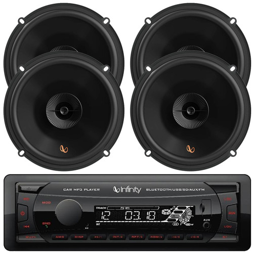 Infinity Alpha 100 Single DIN Bluetooth USB/AUX MP3 Player SD FM Radio Digital Media Car Audio Receiver, 4x Infinity Primus Series PR603F 6.5" 150W Max Power 2-Way Multi-Element Automotive Speakers