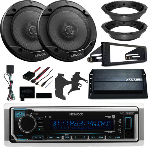 Kenwood Marine Bluetooth Receiver (No CD), 2 x Kenwood 6.5" Coaxial Speakers, 2-Channel Amp, Stereo Dash Kit, 2 x Speaker Adapters, Handlebar Control Interface, Amp Repair Bracket