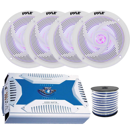 4x Pyle PLMRS5WL 5.25" 180W Max Power 2-Way Waterproof Low Profile Slim Style Blue LED Marine White Speakers, 6 Channel 2000W Waterproof Boat Bridgeable Mosfet Amplifier, 50 Feet 18 Gauge Speaker Wire