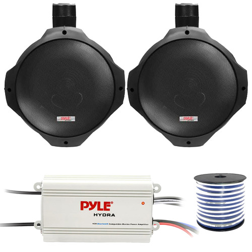 One Pair (QTY 2) Of Pyle PLMRB85 8" 300 Watt Max Power 2-Way Wakeboard Black Speakers Bundle Combo With Pyle PLMRMB4CW 4-Channel Waterproof Bluetooth Marine Amplifier, 50 Feet 18 Gauge Speaker Wire