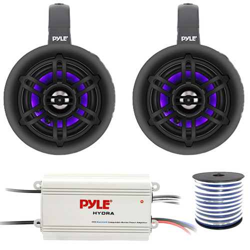 2x Pyle PLMRLEWB47BB 4" 300 Watt Max Power Bluetooth Waterproof Marine Wakeboard LED Tower Black Speakers, 4-Channel Waterproof Boat Bluetooth Amplifier, 50 Feet 18 Gauge Speaker Wire