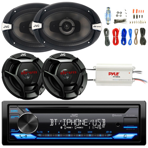 JVC KD-T720BT Single DIN Bluetooth USB/AUX CD Player AM/FM Car Audio Stereo Receiver, 2x 6x9" 500W Max 3-Way Speakers, 2x 6.5" 300W Max Speakers, 4 Channel Amplifier, Amp Wiring Installation Kit