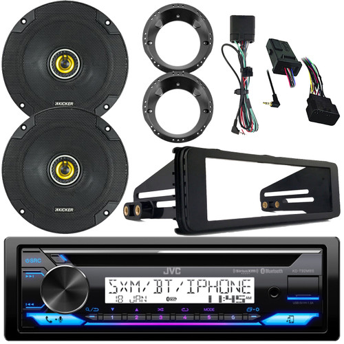 JVC KD-T92MBS Single DIN Marine MotorSports Bluetooth USB/AUX CD Player AM/FM Radio Stereo Receiver W/Install Kit, 2x 6.5" 300W Max 2-Way Speakers W/Adapters, Handlebar Control Interface (98-13 HD)