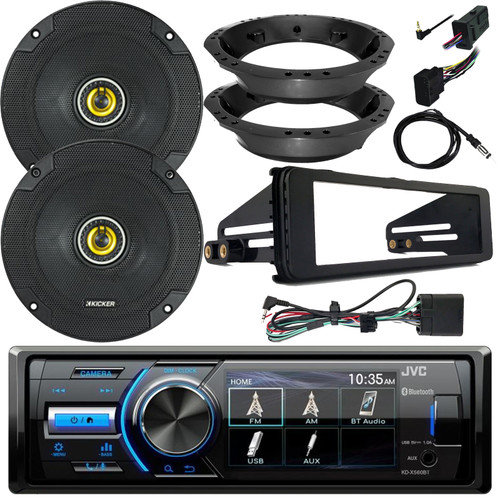 JVC KD-X560BT Single DIN Marine Motorsports Bluetooth USB/AUX AM/FM Radio Digital Media Stereo Receiver w/Install Kit, 2x 6.5" 300W Max 2-Way Speakers w/Adapters, Handlebar Control Interface, Antenna