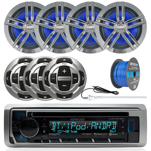 Kenwood Marine In-Dash Single DIN CD Bluetooth USB AUX Receiver, 4x Enrock 6.5" 2-Way 180 Watt Water Resistant Marine Speakers (Charcoal), 3x Kenwood Wired Remote, Speaker Wire, Antenna