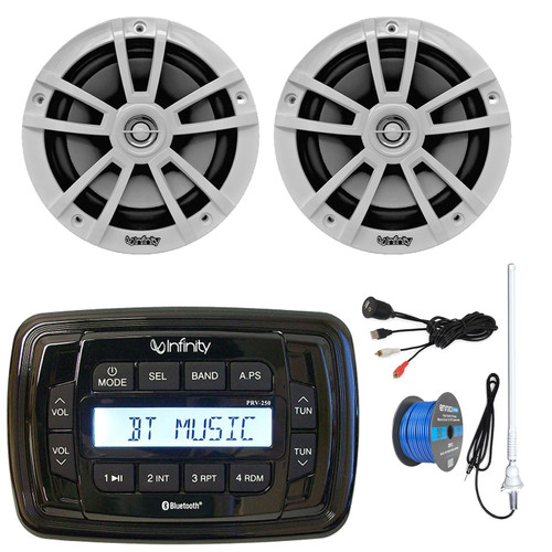 Infinity PRV250 Marine Bluetooth USB/AUX AM/FM Radio Digital Media Black Stereo Receiver, 2x 6.5" 225 Watts Max Power High-Performance White Speakers, USB/AUX Adapter, Radio Antenna, Speaker Wire