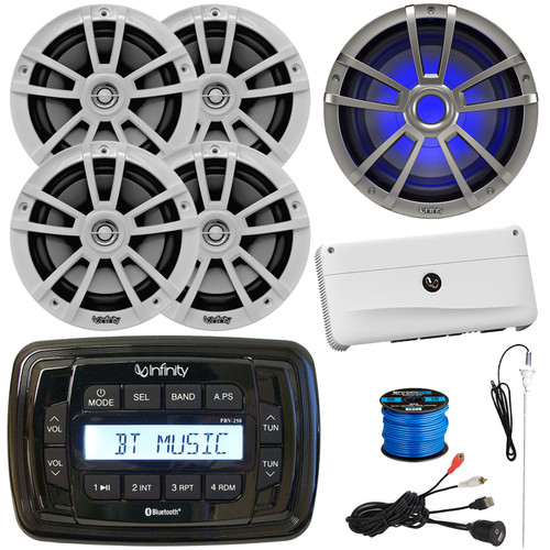 Infinity PRV250 Marine Bluetooth USB/AUX AM/FM Radio Digital Media Black Stereo Receiver, 4x 6.5" 225W Max Speakers, 10" 750W Max RGB LED Subwoofer, 5 Channel Amplifier, USB/AUX Adapter, Antenna, Wire
