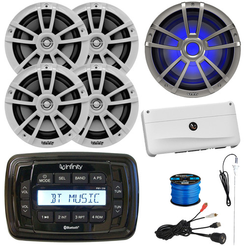 Infinity PRV250 Marine Bluetooth USB/AUX AM/FM Radio Digital Media Stereo Receiver, 4x 6.5" 225W Max Speakers, 10" 750W Max Subwoofer, 5 Channel Amplifier, USB/AUX Adapter, Antenna, Wire
