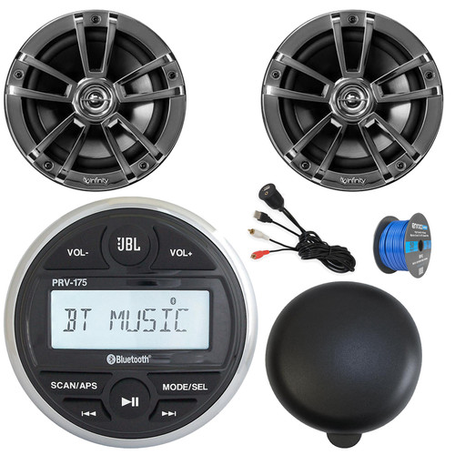 JBL PRV-175 Marine Bluetooth USB/AUX AM/FM Radio Gauge Style Digital Media Stereo Receiver W/Cover, 2x 6.5" 225W Max High-Performance 2-Way Chrome Speakers, USB/AUX Adapter, Radio Antenna, Wire